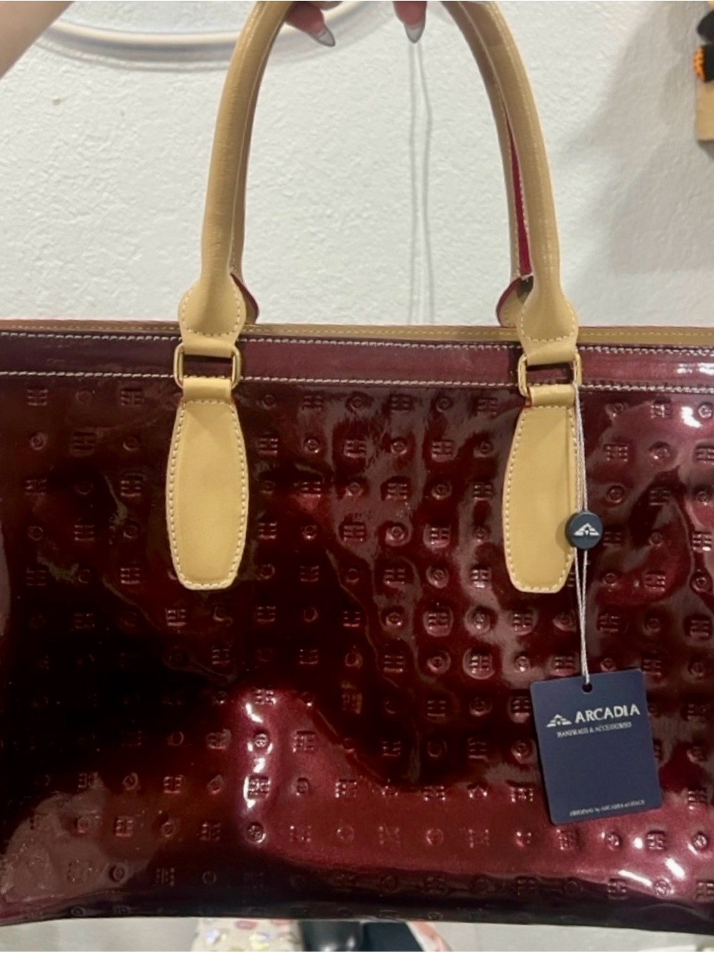 Arcadia Patent Leather Burgundy Tote with Tan Handles NWT No Call-outs